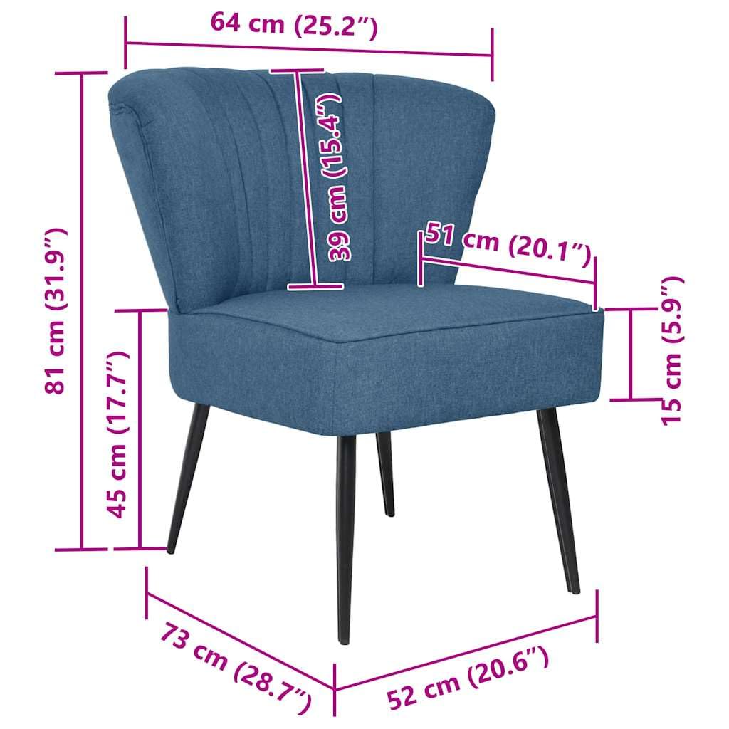 Fauteuil cocktail bleu rembourré au design rétro - Fauteuil de salon confortable avec housse en tissu et pieds en acier pour salon et chambre à coucher - 64 x 73 x 81 cm