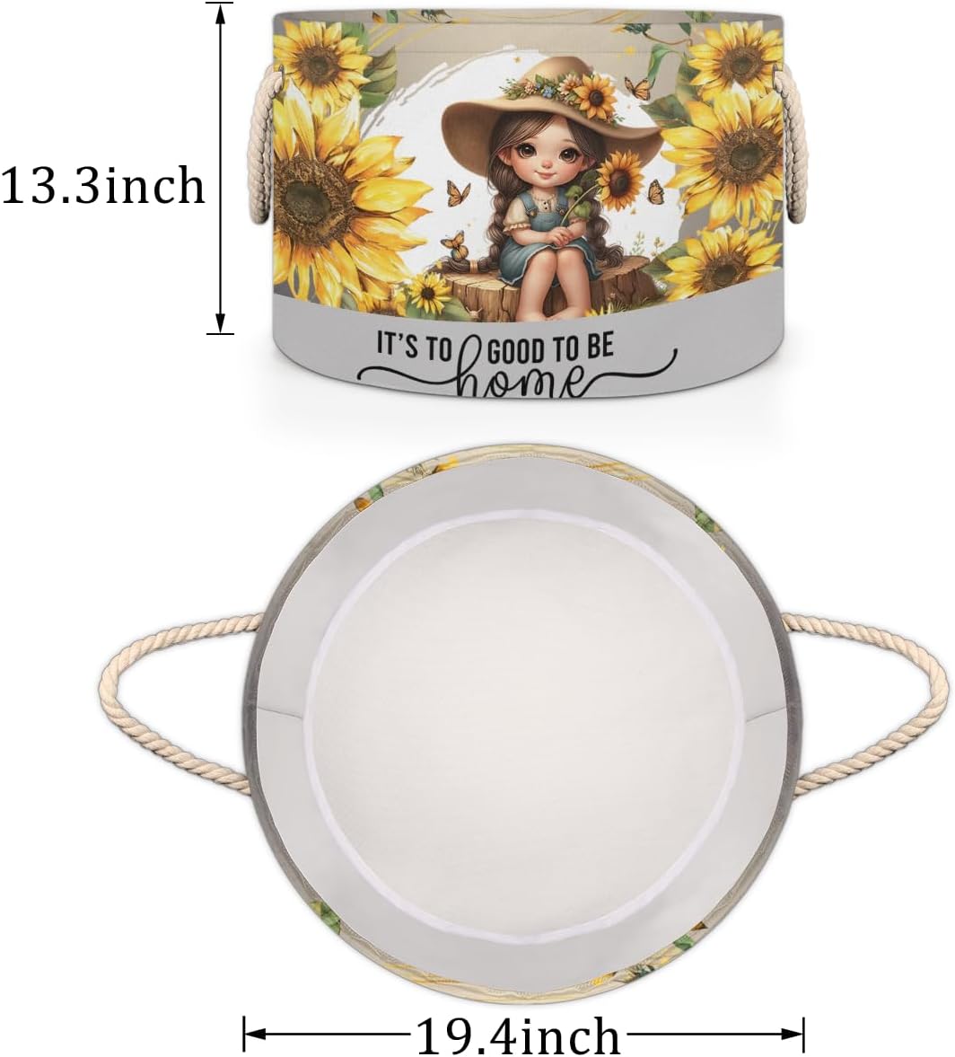 Large Round Laundry Basket Sunflower Cute Girls Toy Bins Organizers and Storage for Girls Canvas Collapsible Blanket Storage Basket Laundry Hamper Gift Baskets Bedroom Clothes Children Nursery