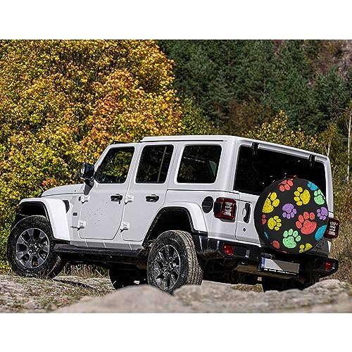 Image of Colorful Paw Prints Spare Tire Cover Dog Puppy Cartoon Cute Footprint Doodle Style Weatherproof Universal Wheel Protectors Camper Tire Covers for Trailer Rv Travel(17 inch)