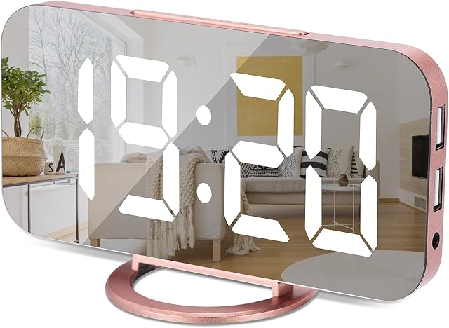 SZELAM Digital Clock Large Display, LED Electric Alarm Clock Mirror Surface for Makeup with Diming Mode, 3 Levels Brightness, Dual USB Ports Modern Decoration for Home Bedroom Decor (Rose Gold)
