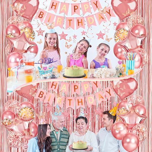 Image of Party Propz Rose Gold Birthday Decoration Kit for Girls - 45Pcs Happy Birthday Banner & Rose Gold Balloons for Decoration, Rosegold Foil Curtain & Swirls, Cake Toppers For Cake Decoration (Cardstock)