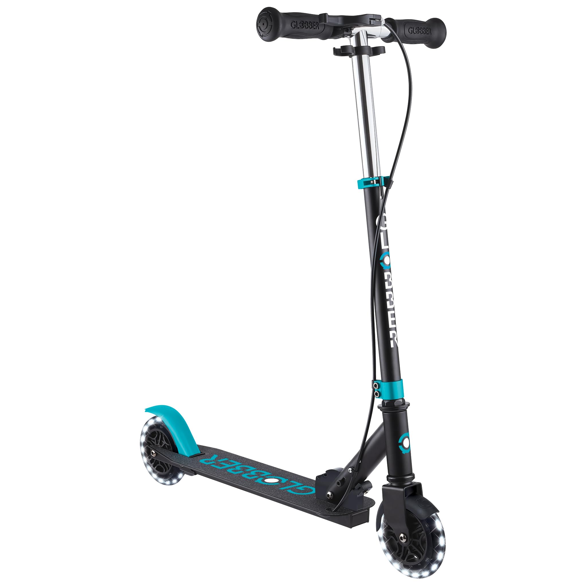 Globber - Flow Element Junior Lights - Patinete Plegable de 2 Ruedas con Freno Trasero, Manillar Ajustable y Luces LED, para niños Desde los 4 años - Azul Turquesa