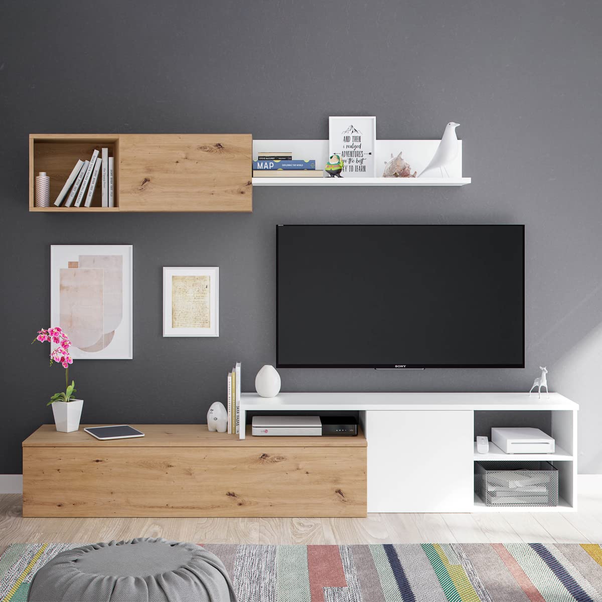 MarinelliGroup Parete attrezzata soggiorno moderna mobile TV pensile mensola sala pranzo salotto ROVERE NODI BIANCO 220 X 40 X 44 016647W