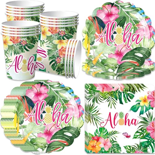 pekifaves Conjunto de louça para festa de aniversário Aloha, pratos, copos e guardanapos de cartão havaianos, para 16 convidados, folhas de palmeira e grinalda tropical, festa de verão