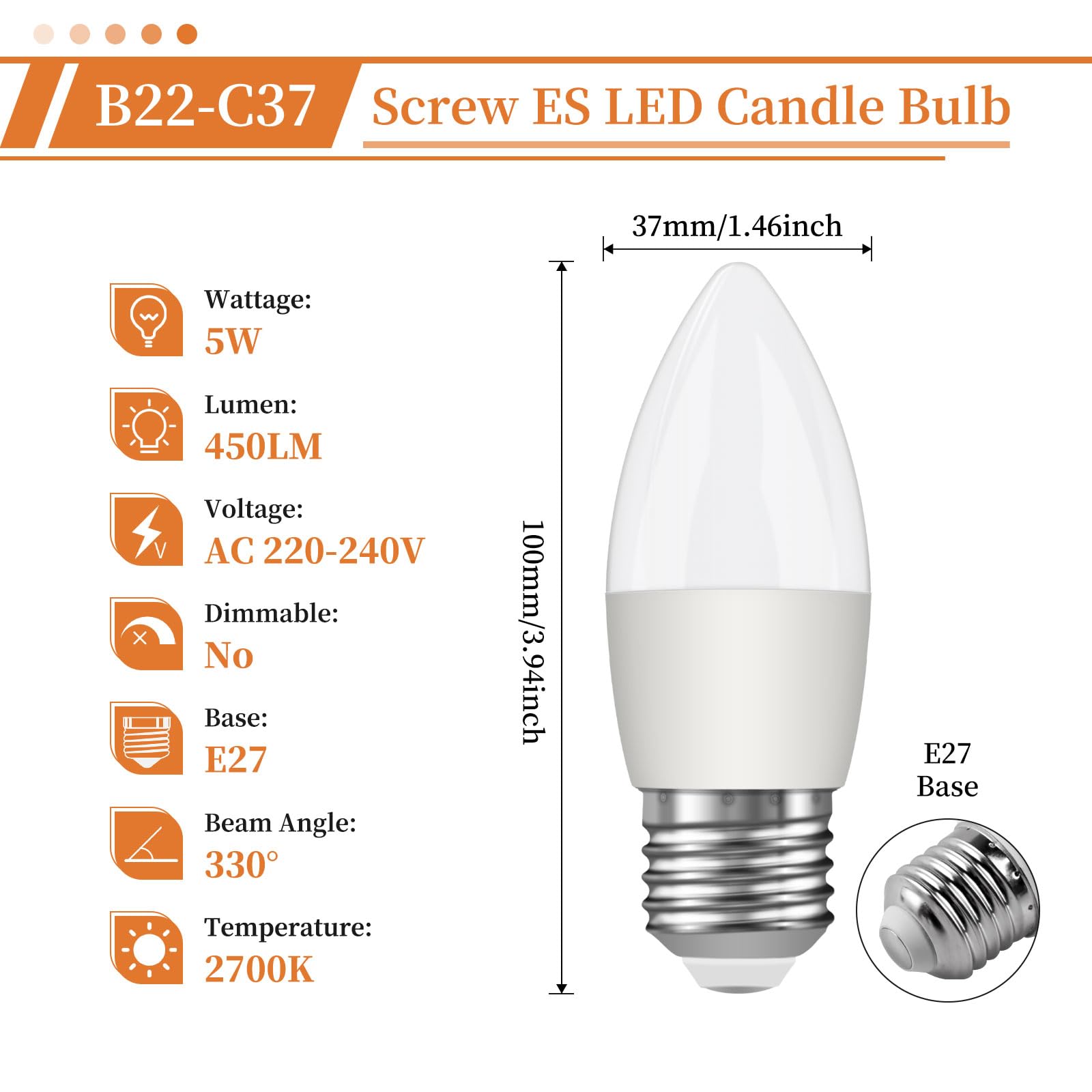 Ddlisu Edison E27 LED Screw Bulb, Large Screw 5W Energy Saving E27 Candle Light Bulbs, ES C37 Chandelier Light Bulbs - Image 2