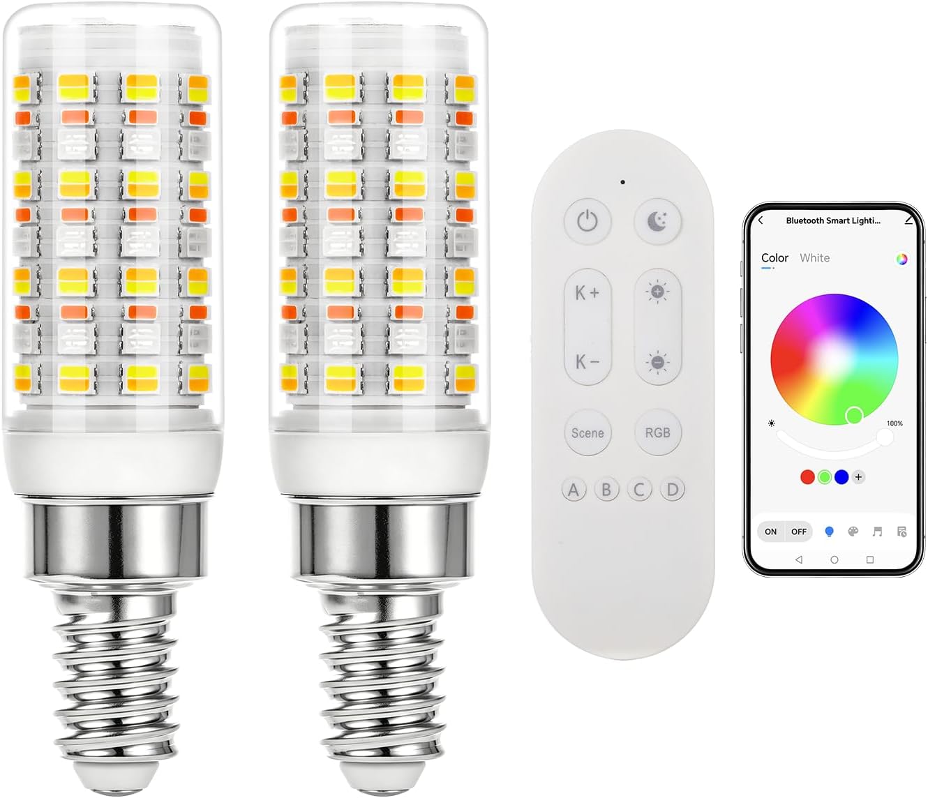 E12 LED Bulb, Smart Bluetooth RGB Light Bulb with Remote & APP Control,AC 120V, 4W 400LM,2700K-6500K Dimmable White,16 Million Colors,Brightness 1-100%,Timing & Music Mode (2 Pack with Remote Control)