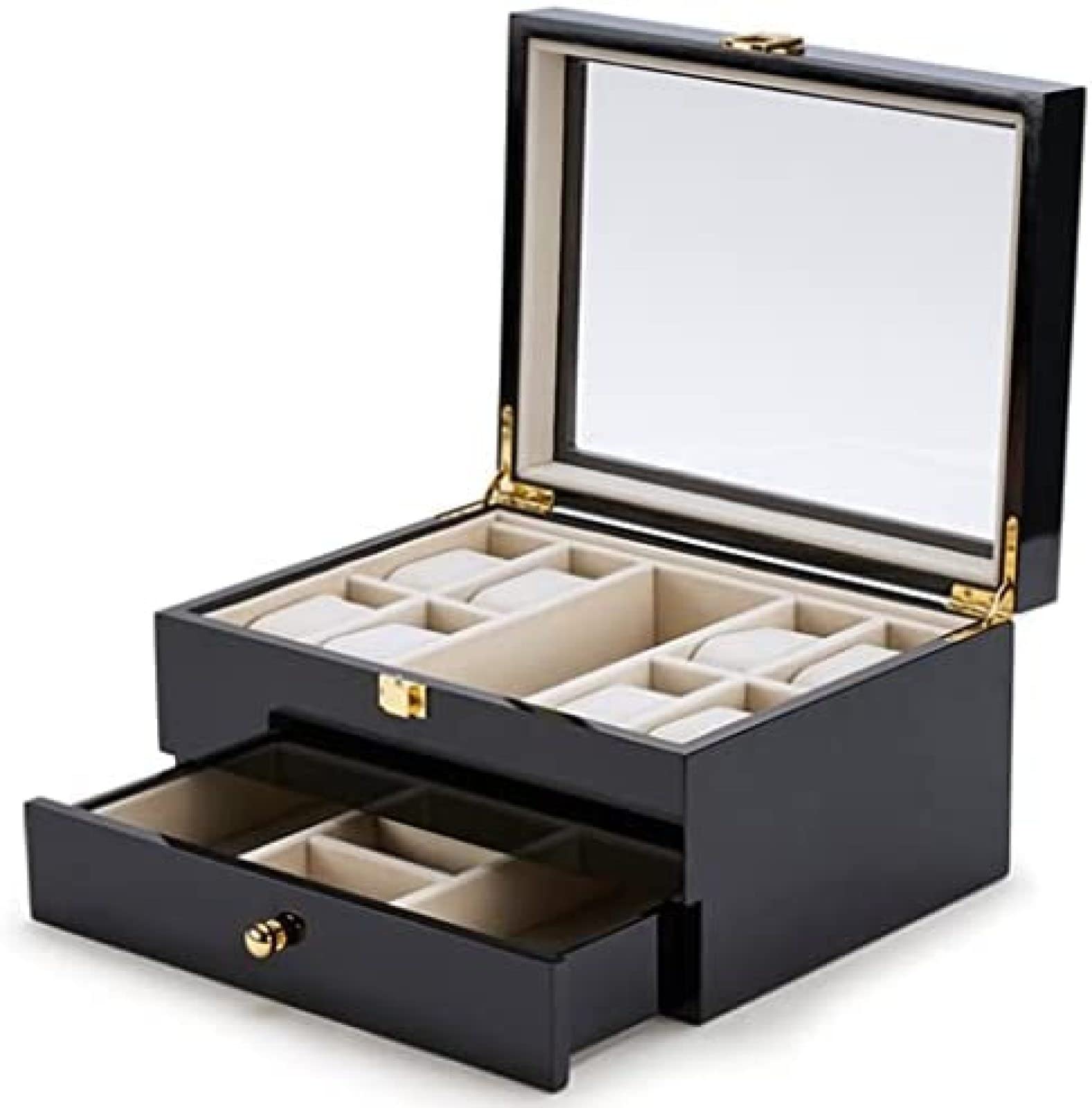 YNBSHGAA Wooden Watch Storage Box,Double-Layer Watch Storage Cabinet with Glass Cover,irthday Gift for Friends,Black,27.5x23x14cm