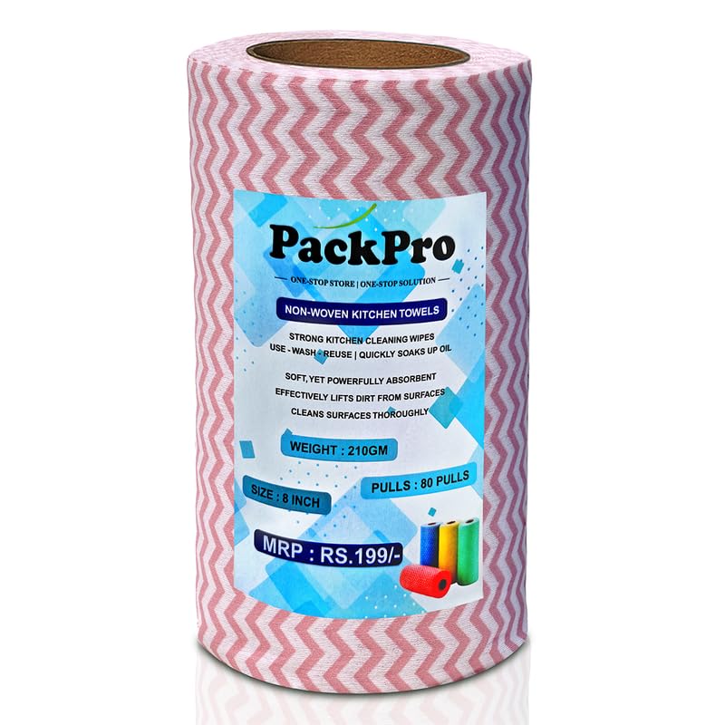 Image of Non-Woven Kitchen Towel Roll | Red | 80 Pulls | Washable, Eco-Friendly, Disposable Cleaning Towels for Home, Office, and Kitchen Use | Soft & Highly Absorbent