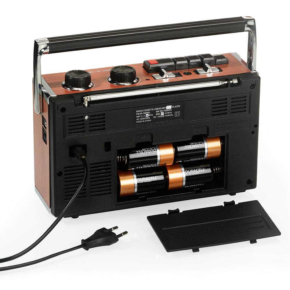 Ricatech PR85 – Lecteur de cassettes et enregistreur des années 80, Radio AM/FM/SW, USB, Port de carte SD, Microphone intégré, Arrêt automatique, Poids léger, haut-parleurs intégrés de 8 watts
