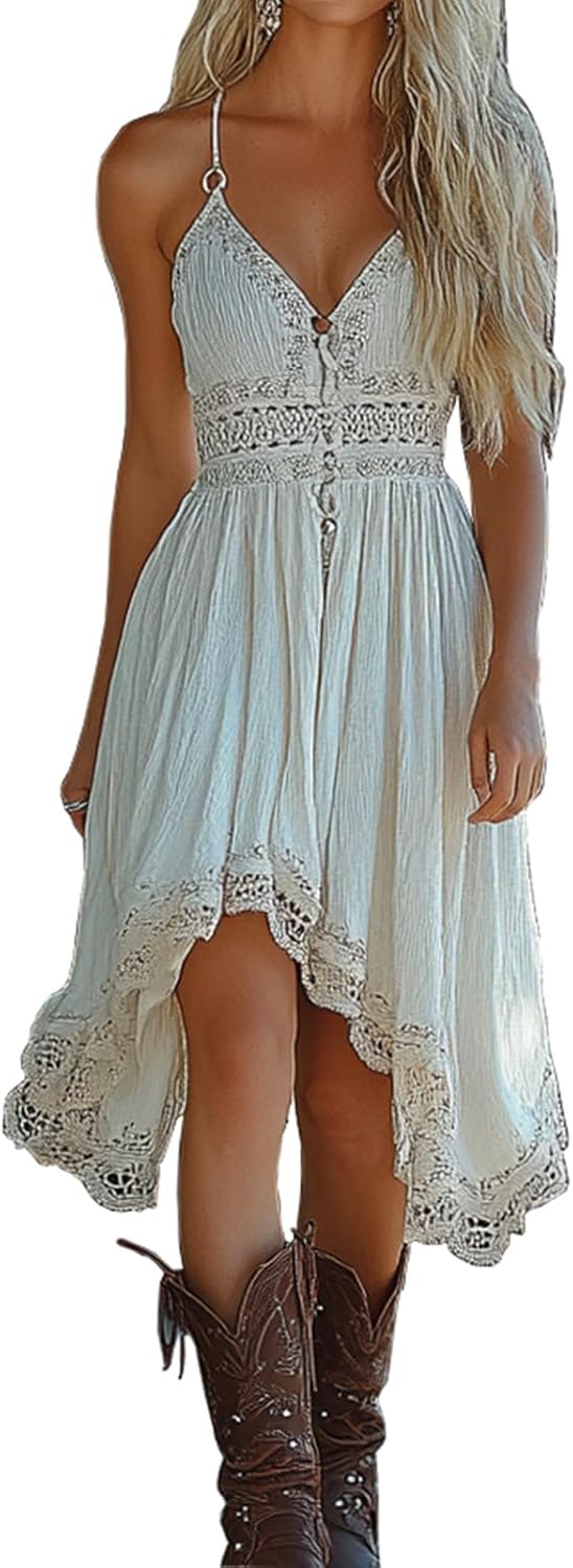 Womens Sexy Sleeveless Spaghetti Strap Western Cowgirl Dress Trendy Casual Midi Sundresses Summer Dress