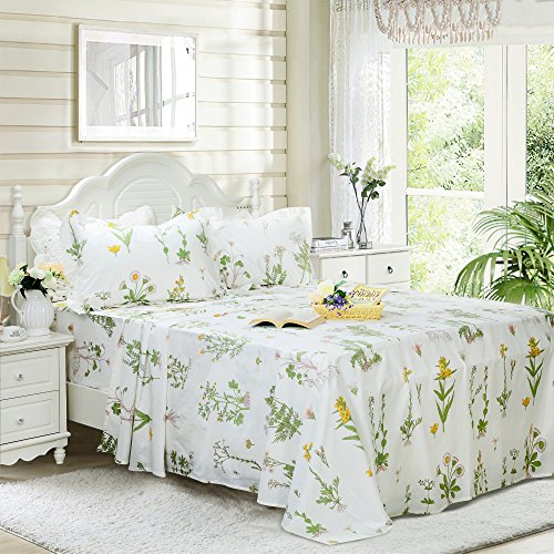 Fadfay Shabby Green Floral Sheet Set 100% Cotton Bed Sheet Set Green White Natural Hypoallergenic Bedding Set,4Pcs-Queen #TOP3