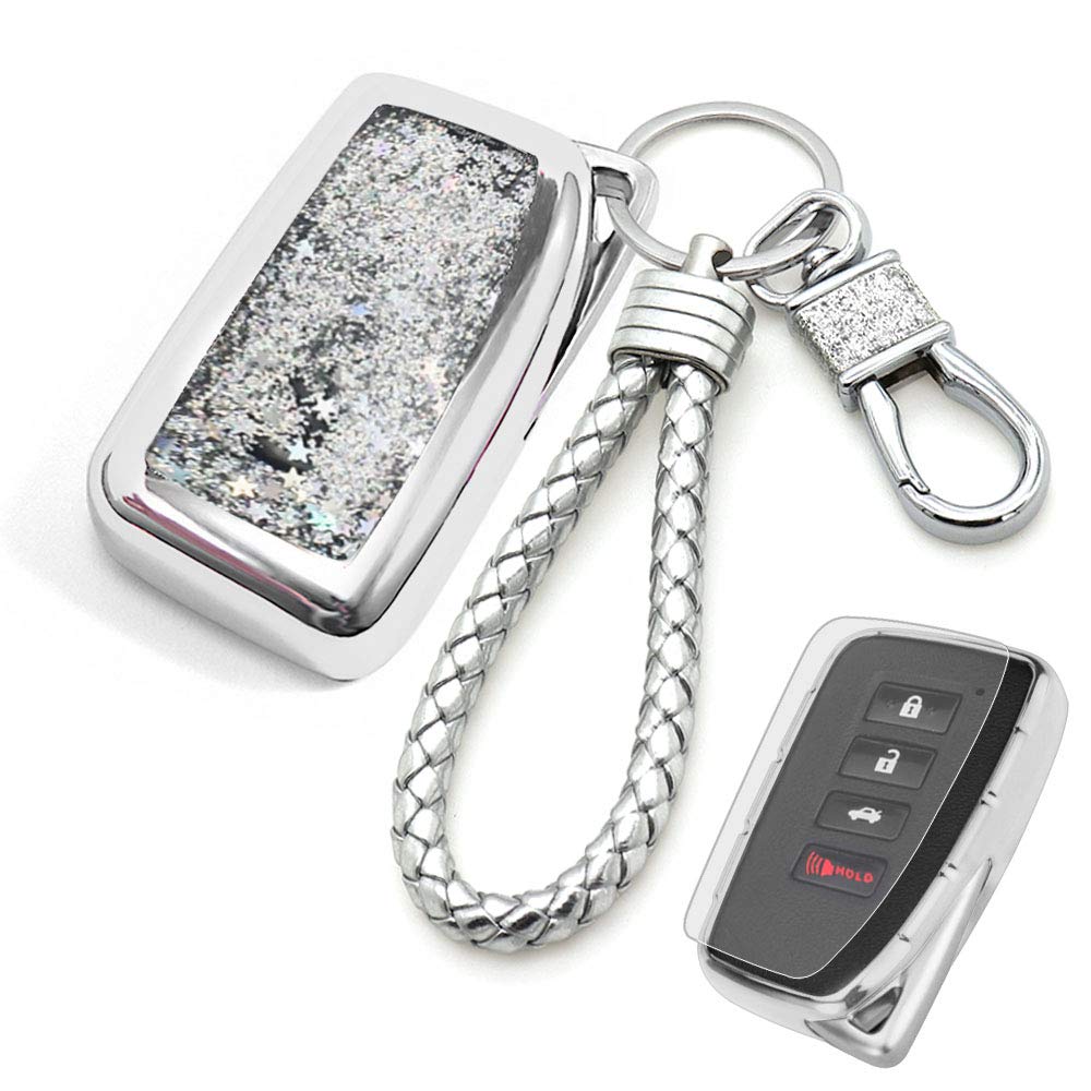 Senauto Car Key Fob Cover for Lexus,Full-Body Protective Quicksand Key Case Key Shell with Keychain Key Chain Ring for Lexus RX CT GS NX ES RS is RC RCF GSF (Silver)