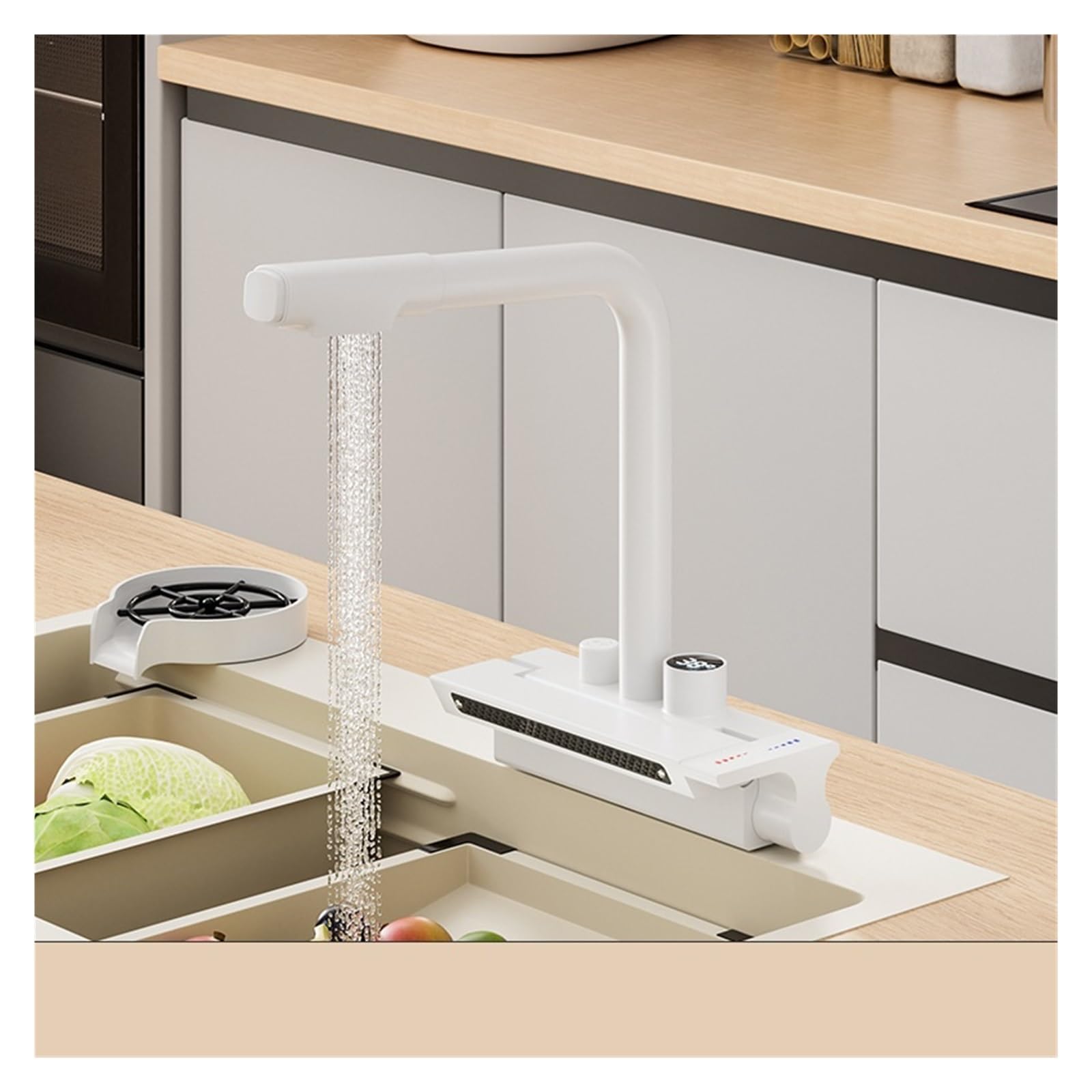 ZYCHSJXA Waterfall 3 Effluent Modes Faucet Basin Sink Single Hole PullOut with Digital Display All Copper Kitchen Faucet(C)