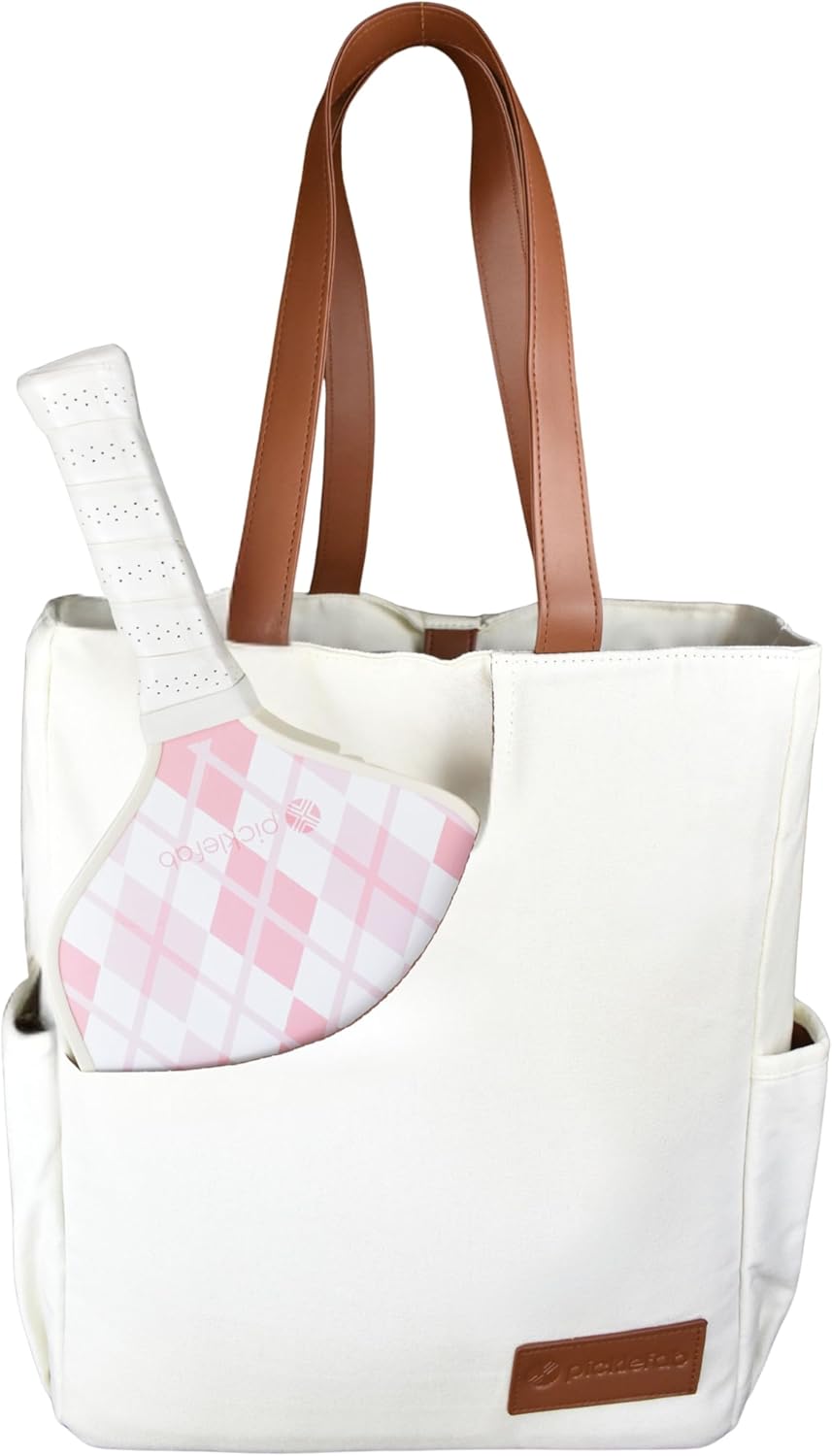 Designer Pickleball Bags for Women | Canvas & Vegan Leather Pickle Ball Tote Bag with Cover Pockets for 4 Paddles | 12"x14"x5.5" Medium Tote Bag with Paddle Pocket & Fence Hook