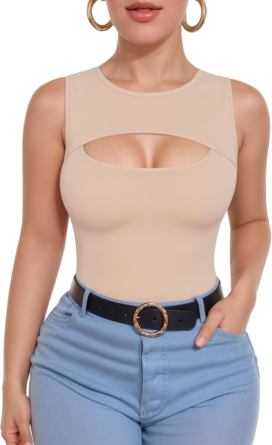 ALGALAROUND Sleeveless Tank Tops for Women Cut Out Front Ribbed Tshirt Crew Neck Casual Shirt