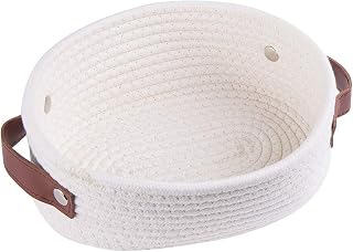 Small Woven Basket for Storage Oval Rope Coil Baskets with Handle Mini Cotton Basket Little Organizer Bins Boho Hamper Nursery Room for Kids Baby Dog Toy Gifts 7.87"x5.51"x4.33", XS White