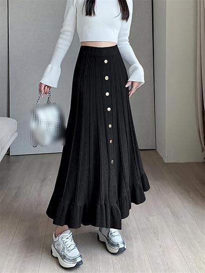 IQYU Geribde gebreide rok voor dames, lange rok met split, hoge taille