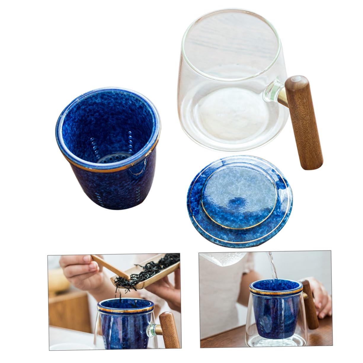 GRIRIW Retro Style Tea Cup Set 400ml Glass Tea Mug Wooden Handle Office Drink Cup