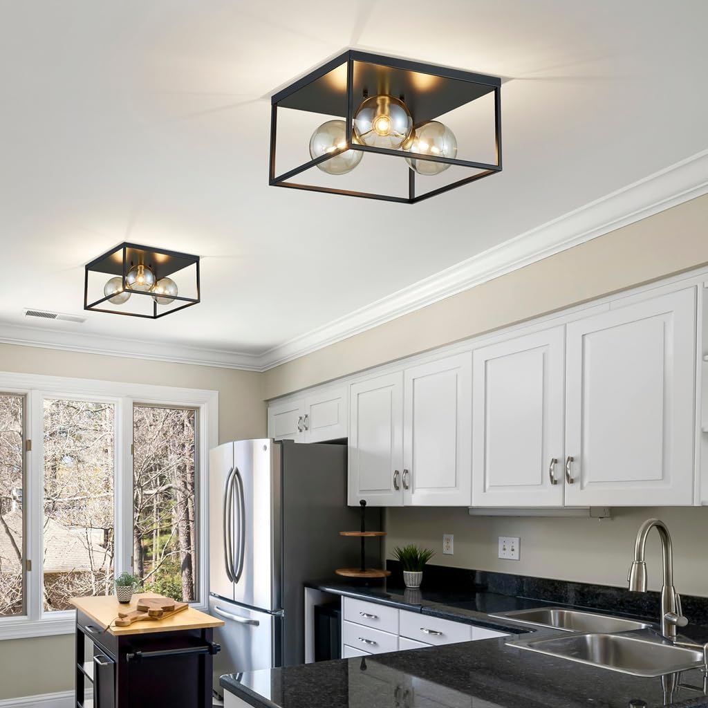 AGV LIGHTING Flush Mount Ceiling Light Fixture Black and Brass Gold with Amber Glass Bubble Shades 3-Light Industrial Modern Ceiling Lamp for Bedroom Kitchen Living Room Dining Room