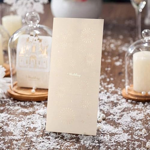 Miniatura 10 de Hosmsua Kit de 50 invitaciones de boda en blanco dorado claro de 4.1 x 8.5 pulgadas, corte láser 3D, castillo, novia y novio, invitación de boda con