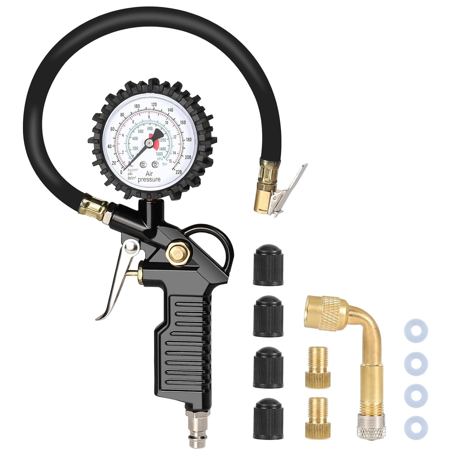 Manómetro Presión Neumáticos Digital, 220PSI Pistola de Inflado Compresor Digital Manómetro de Alta Precisión con Manguera, para Bicicletas y Motocicletas Coche