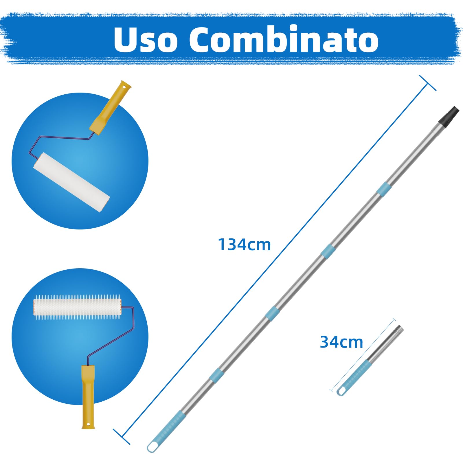 VKE Rullo Frangibolle per Autolivellante 23 cm - Lunghezza Chiodi 14 mm, Rullo di Sfiato, 2 Rullo Pittura 23 cm, Asta Telescopica 1,5 m, Scarpe Chiodate per Prato 30 mm,Autolivellante-Solo 1 Maniglia