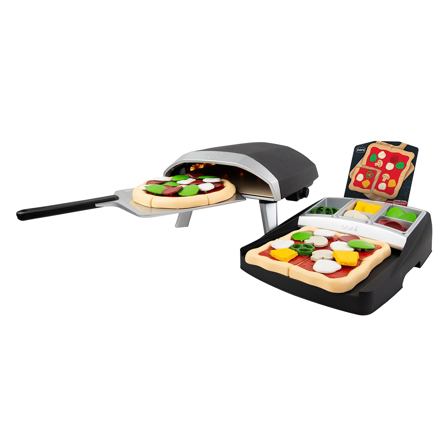 Casdon Ooni Pizza Oven & Topping Station Deluxe Set | Forno per pizza giocattolo e set per condimenti per bambini dai 3 anni in su | Con luce con effetto fiamma reale!