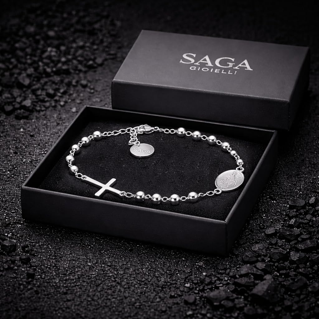 SAGA GIOIELLI Bracciale Rosario Uomo Donna in Acciaio Inossidabile – Braccialetto Religioso con Croce e Medaglia, Sfere 4 mm, Lunghezza Regolabile 16,5 + 3,5 cm – Idea Regalo Fede Elegante