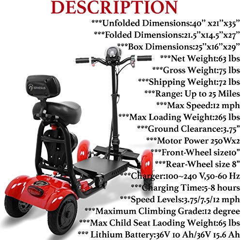 Foldable Mobility Scooter for Adults and Seniors, Lightweight & Long Range Four Wheel Mobility Scooters (Red) - Thumbnail 6