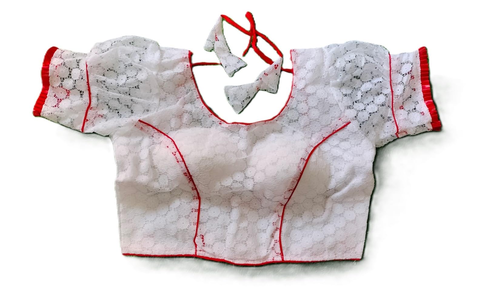 purnima boutique White Lace Blouse with Red Piping, Short Sleeves, Back Tie-Up, Padded, Traditional Indian Saree Blouse | Free Size-picture-17