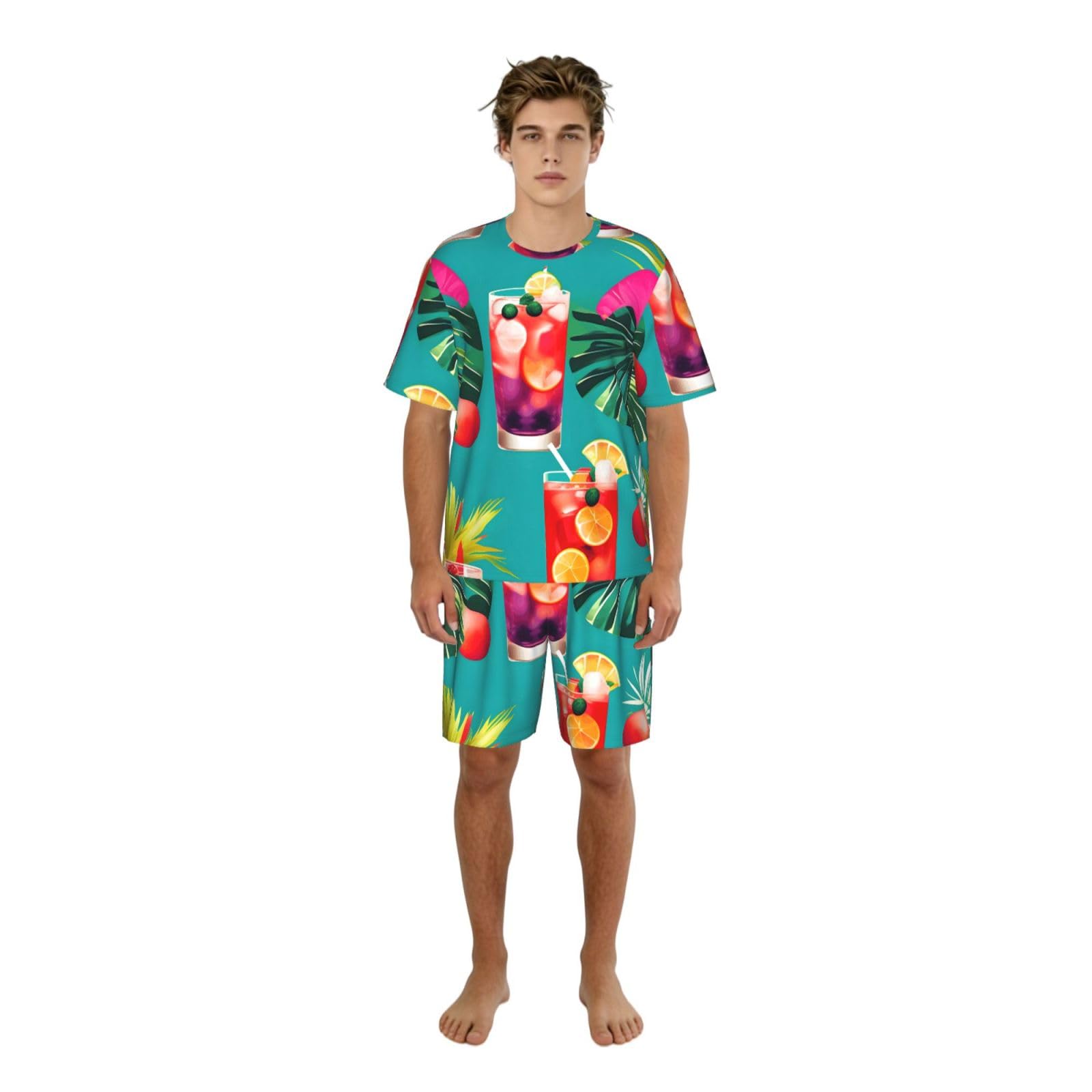 Conjunto de pijama clásico con estampado de cócteles tropicales, pantalones cortos de pijama suaves para hombre, perfecto para las noches de verano