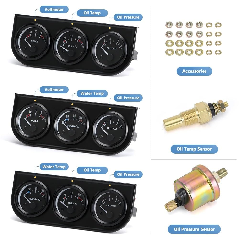 car part Zestaw elektryczny 52 mm potrójny (woltomierz + wskaźnik temperatury oleju + wskaźnik ciśnienia oleju) Czujnik temperatury lub wskaźnik temperatury wody(TAG01)