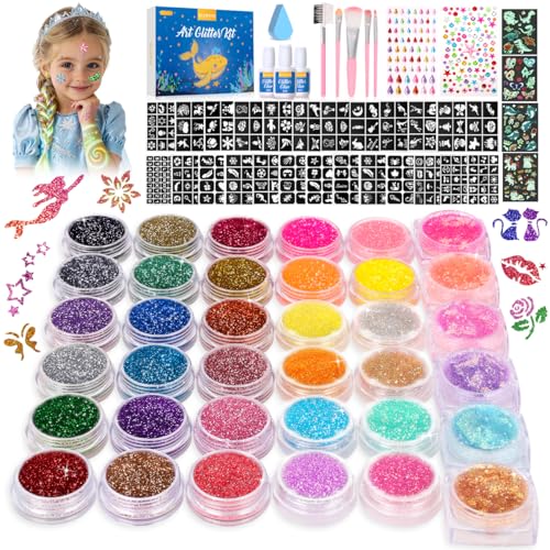 Bledras Kit Tatouage Paillettes Enfant, 36 Couleurs Comprend 6 Couleurs Lumineuse Paillettes Gel, Tatouage Temporaire pour Fête, Halloween, Carnaval, Maquillage Cheveux, Ongles
