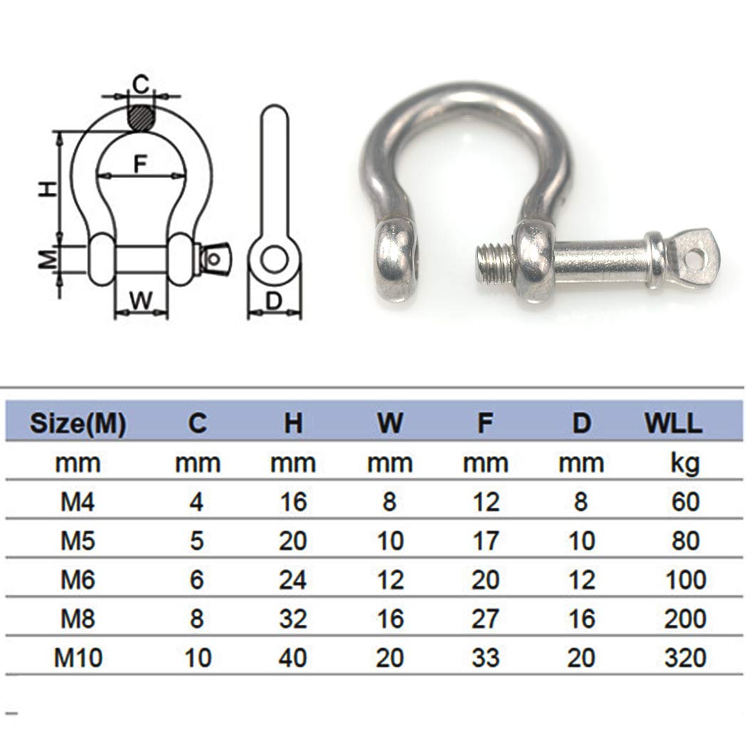 8pcs M8 D-Bogenring-Schäkel sperren Edelstahl 304 für das Hochleistungs-Takeln, Schleppen, Stahlkettenglied-Schäkel