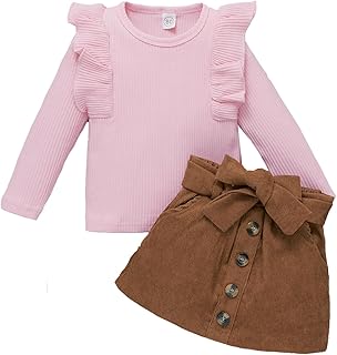 Conjuntos de Ropa para Niñas Pequeñas, Camisa de Manga Larga con Volantes y Minifalda con Lazo 2 Piezas Otoño e Invierno Trajes