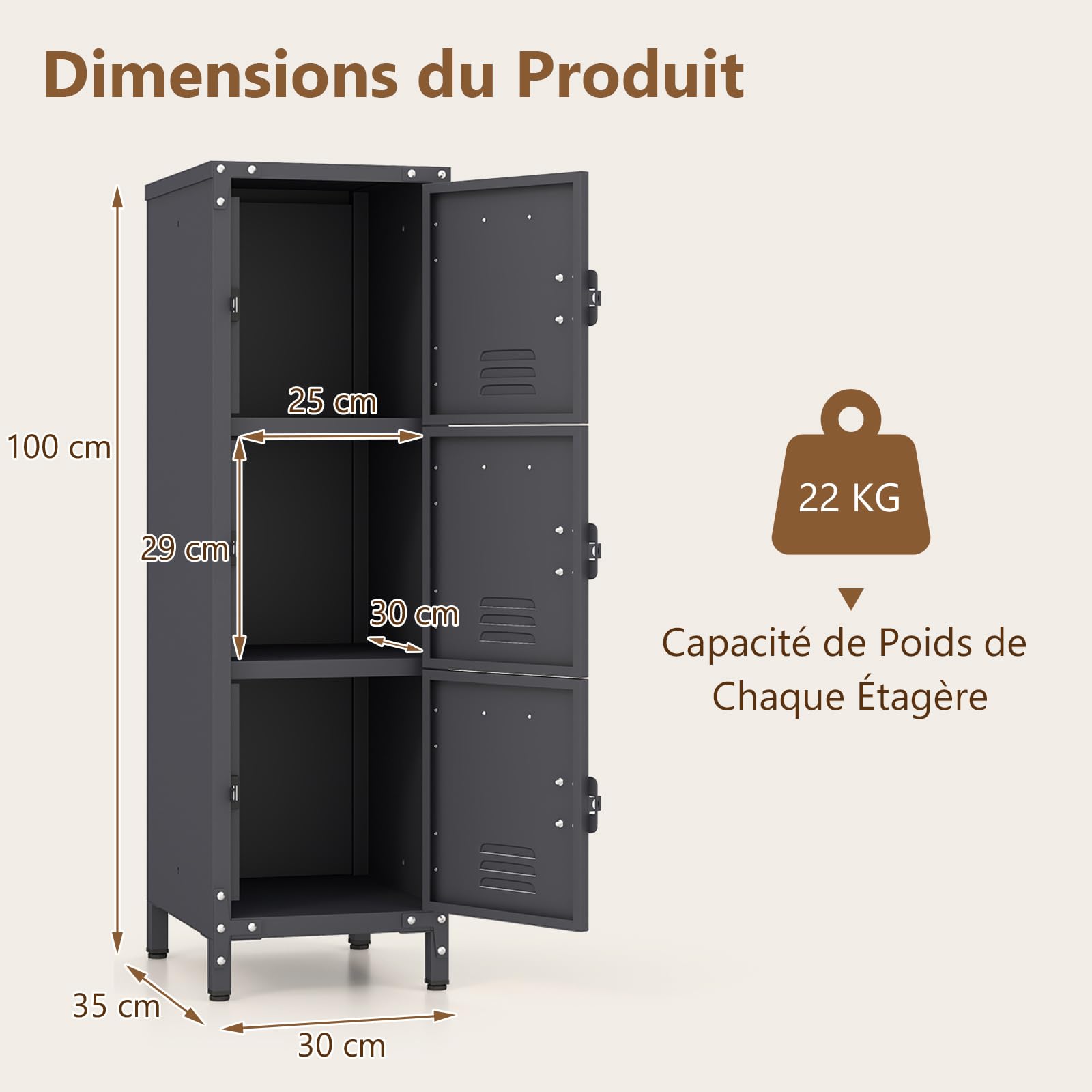 GOPLUS Casier Vestiaire Metallique à 3 Portes Verrouillables, 30x36x100 CM, Armoire Vestiaire Industriel, Combinaison Personnalisé avec Étagère Verticale Empliable, Idéal pour Bureau, École, Garage