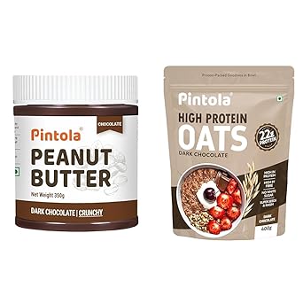 Pintola Fitness Combo: Chocolate Peanut Butter Crunchy Peanut Butter 350g, Gluten Free, Zero Cholesterol & Trans Fat, Vit E & B3 & 25g High Protein Dark Chocolate Oats 400g, No refined sugar - image, photos