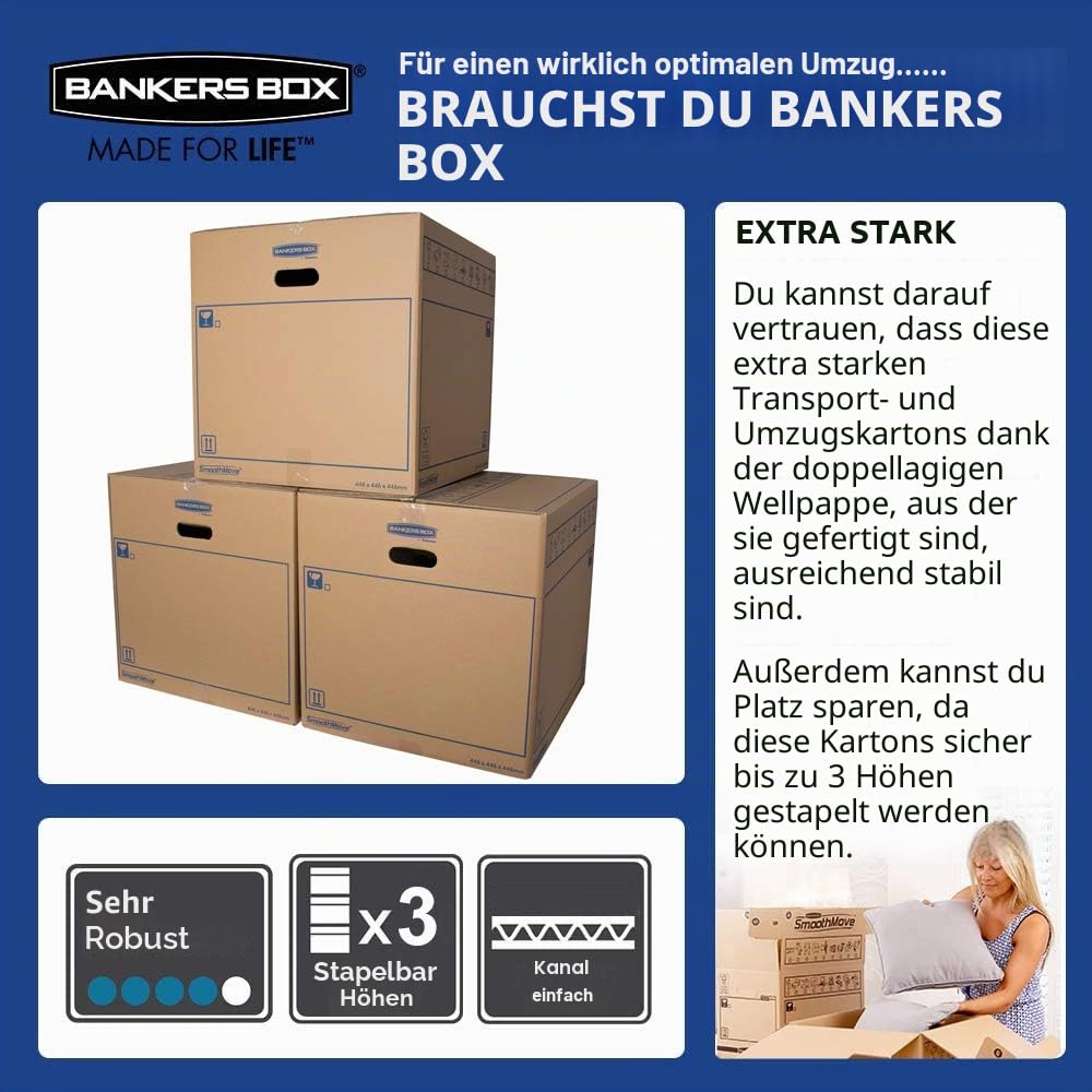 Bankers Box 6208301 Pack 10 Kartonboxen mit Griffen für Umzug, Lagerung und Transport, robust, verstärkter Einzelkanal, 32 Liter, Braun, 43 x 30 x 25 cm