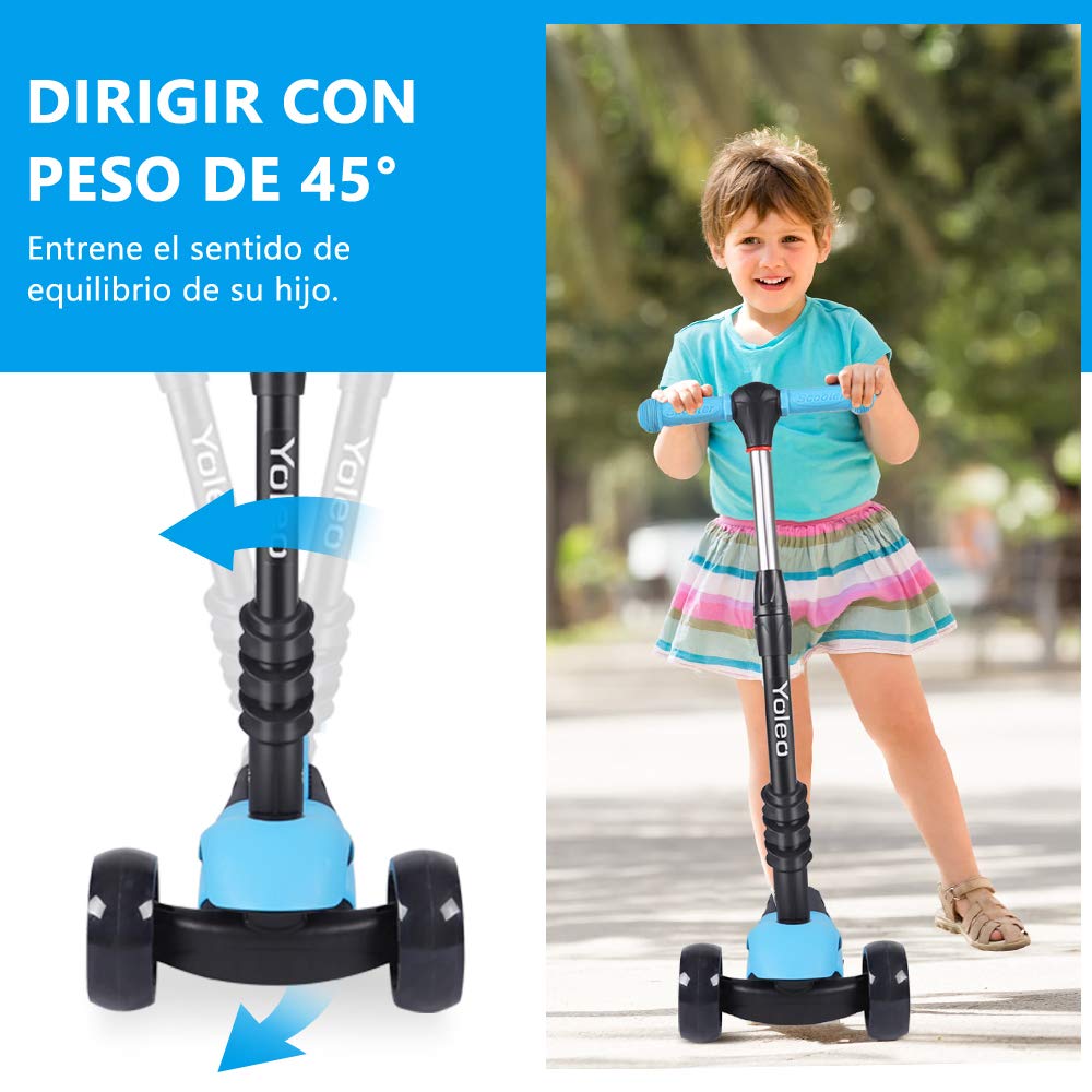 YOLEO Patinete para Niños 3-en-1, Scooter 3 Ruedas LED Parpadeantes, Scooter para Niños con Manillar Ajustable Asiento Extraíble de 2 a 8 años, Carga Máxima de 50 kg (Azul)