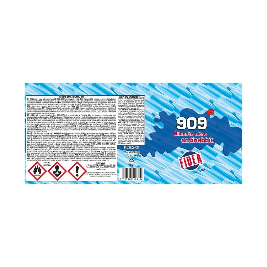 Fidea Diluente Nitro Antinebbia 909, solvente per vernice e smalti, detergente per pennelli pulizia aerografi e pistole per verniciatura, professionale, diluizione smalti e vernici nitro (500 ML)