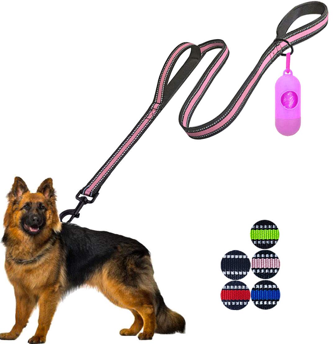 JSXD Dog Leash,5 FT Heavy Duty Double Handle Dog Leash with Comfortable Padded and Reflective,Rope Dog Leashes for Small,Medium,Large Dogs (Wide-Pink)