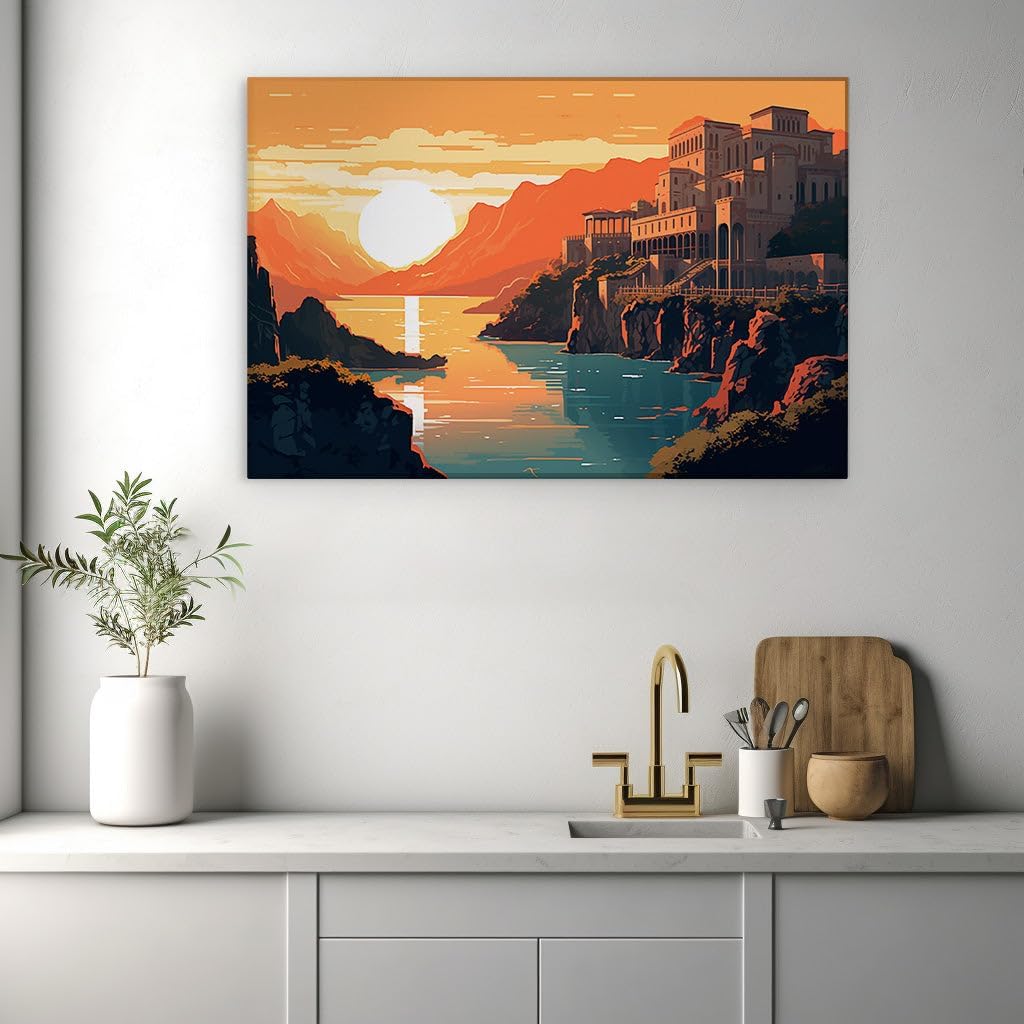 Canvas for Living room. Sunset Serenity on the Mediterranean Cliffs: A Coastal Town's Timeless Beauty, 27 x 18 inch Canvas Wall Art - Contemporary Masterpieces - Modern Home Decor