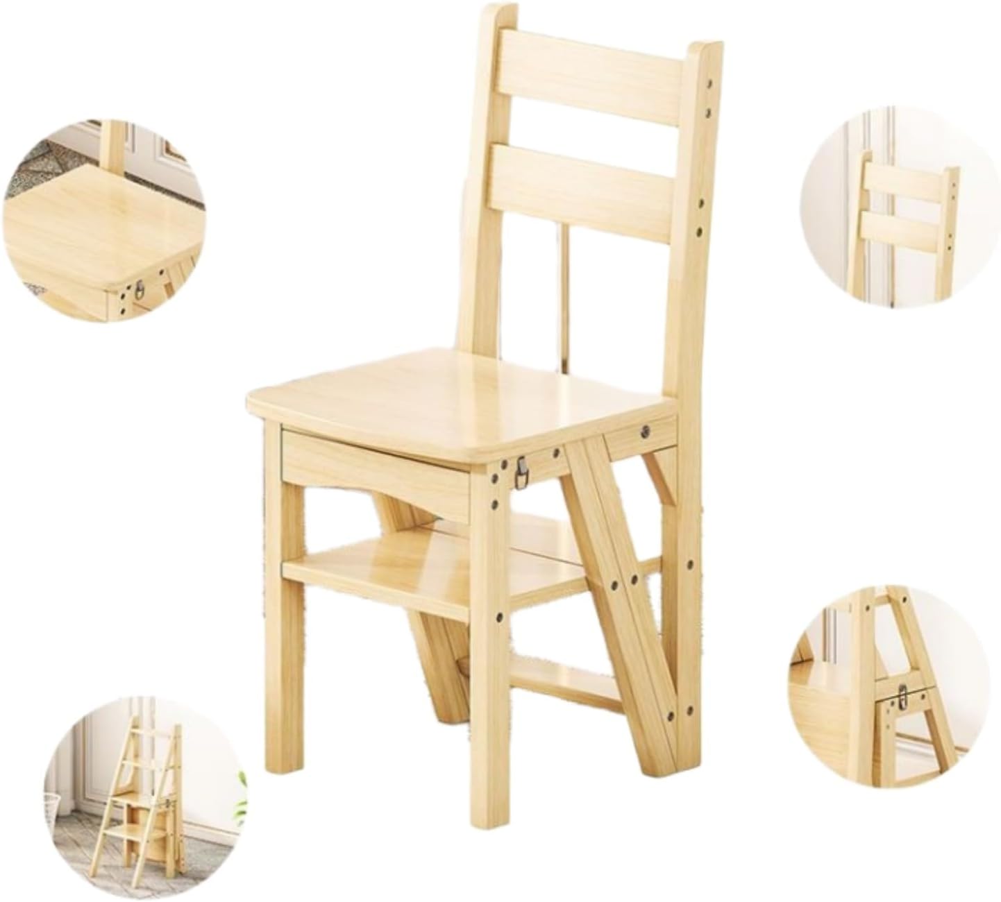 Foldable Wooden Step Ladder Chair - Home Multi-Function Step Stool - Folding Foot Stool - Display Stand and Flower Stand for Home Use -Portable Space Saving -100 KG (Black)