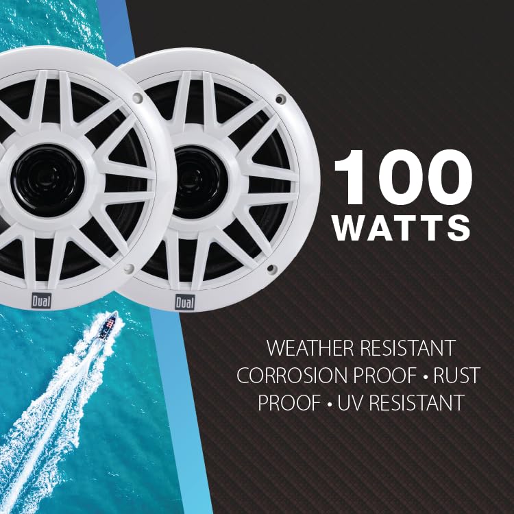 Image of Dual Electronics MXPGH52 Gauge Hole Marine Stereo IPX6 with 6.5 inch Speakers | IPX6 waterproof rating, two 6.5 inch marine speakers, wireless remote & antenna included, Bluetooth, complete gauge-mount kit