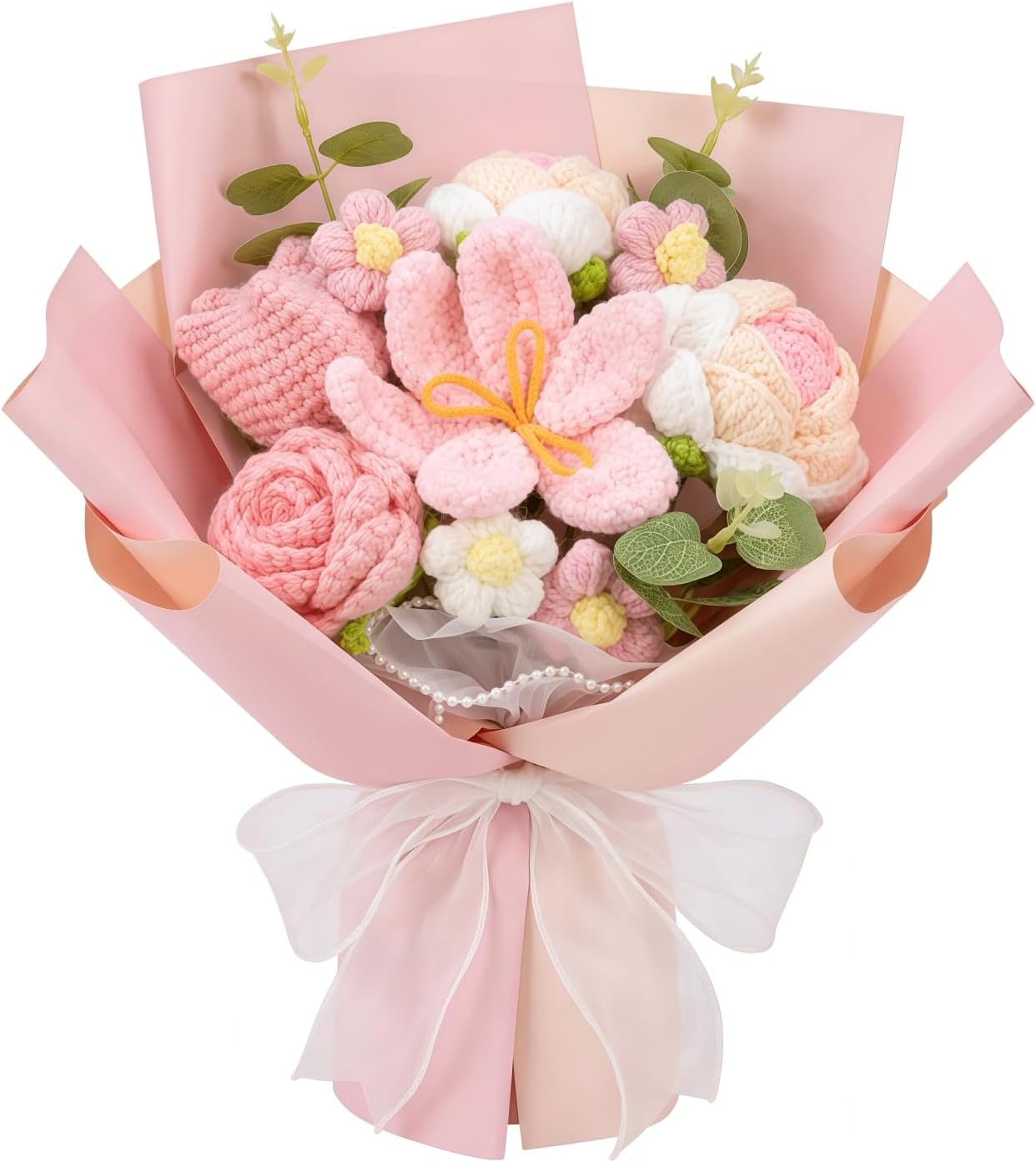 Crochet Flower Bouquet,Handmade Knitted Flowers,Crochet Rose Flower,Tulips for Mother's Day,Birthday Gifts,Anniversary Celebrations,Graduation Bouquet Romantic Gift, Bag and Card Included