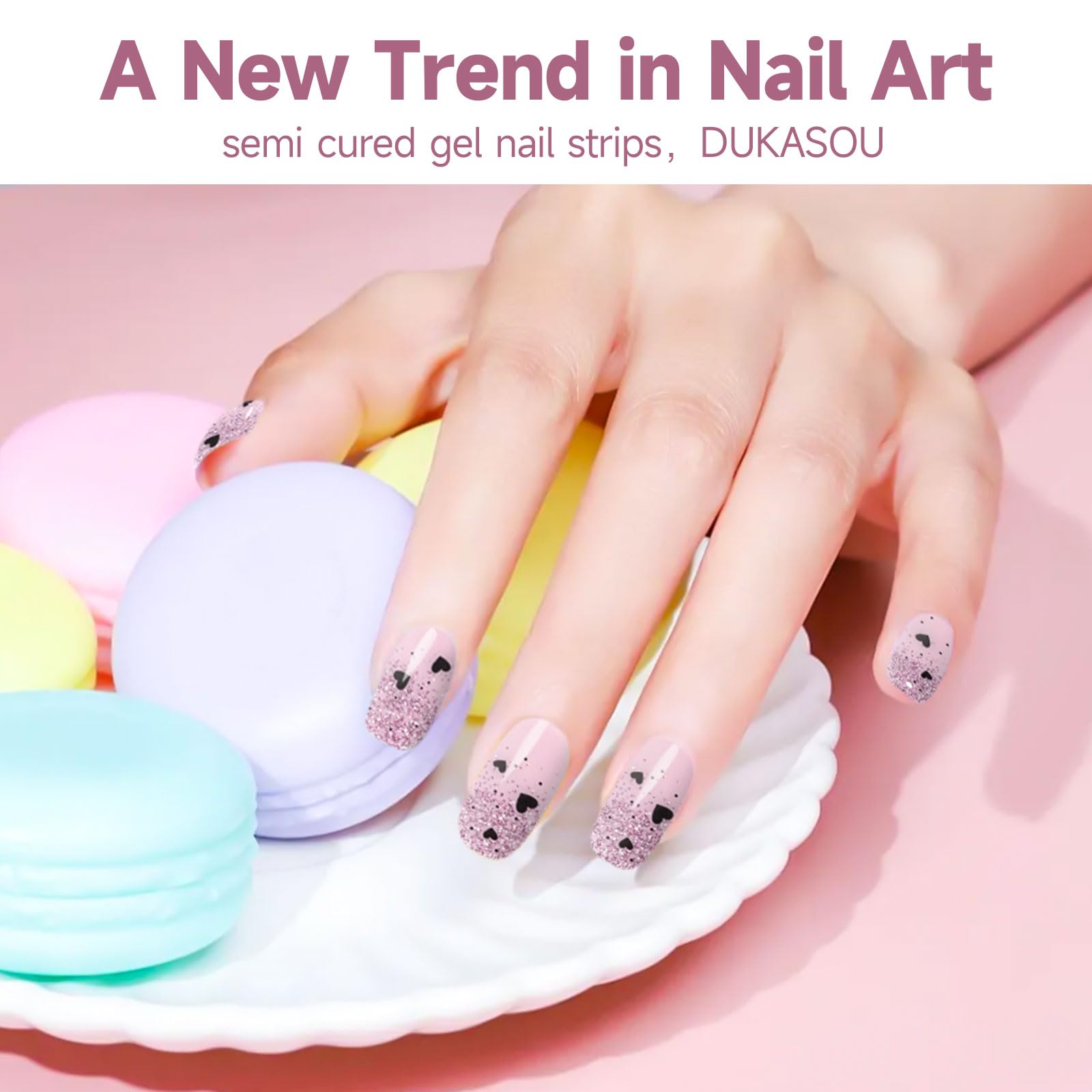 Semi Cured Gel Nail Strips,28 pcs Gel Nail Sticers Wraps Heart,Long Lasting Polish Stickers Work with UV Lamp,Easy to Use - Image 3