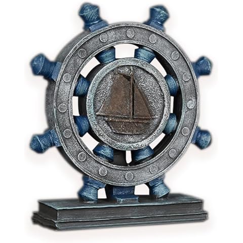 Beddinginn Rustic Nautical Ship Wheel Decor Figurine 9” Tall for Nautical Space, Resin Handmade Statue for Lake Beach House Bar Tabletop Cover