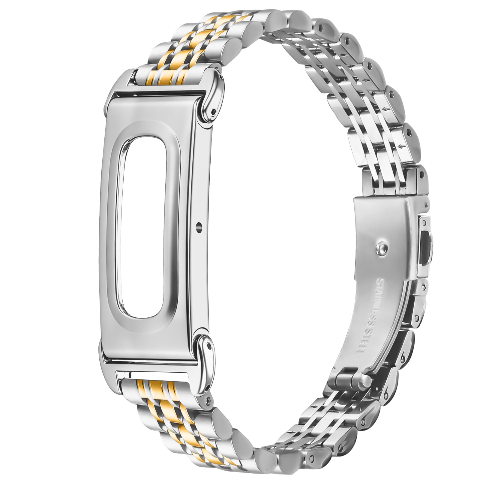 NovemFoal Replacement Metal Watch Band Compatible with Fitbit Air Straps, Stainless Steel Wrist Strap Business Bracelet, Silver-Gold