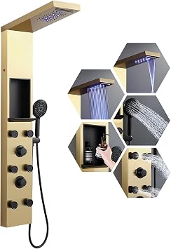 ROVATE LED Rainfall Waterfall Shower Panel Tower with Shelf, Brushed Gold | Powerful Stainless Steel Shower Column with 6 Angle Adjustable Body Massage Jets, Self-Cleaning 5-Setting Handheld