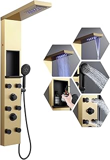 ROVATE LED Shower Panel Tower System with Shelf, Brushed Gold Rainfall Waterfall Shower Tower with 6 Angle Adjustable Body Jets, Self-Cleaning Handheld, Powerful Shower Column Stainless Steel